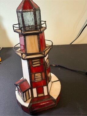 Red and White Stained Glass Lighted Lighthouse